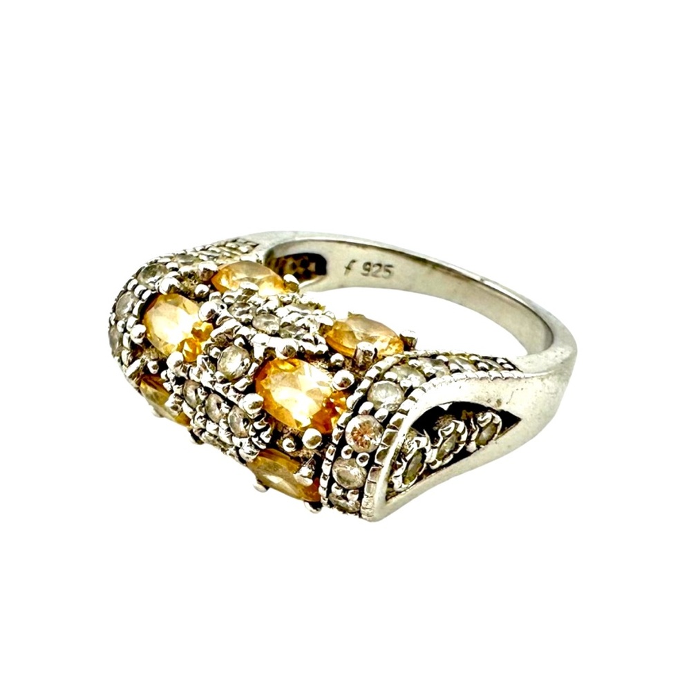 Vintage Ring in 925 Silver Oval Cut Citrine & Round Cut Cubic Zirconia - Size 7